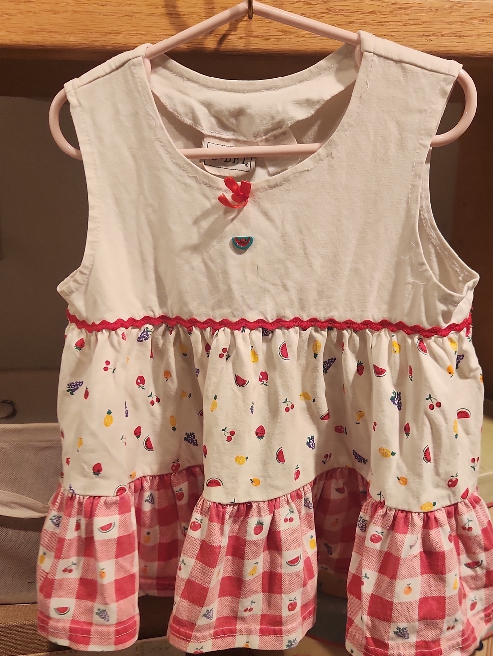 U-bet Vintage 90s Cute Fruit Print Tiered Toddler Dress - White N Red Plaid